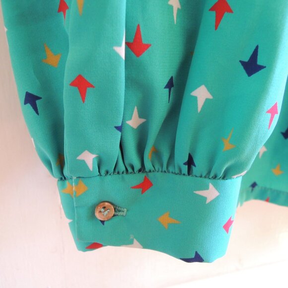 Vintage Florence Alper Neiman Marcus Teal Print Bow Blouse 18 (L/XL) - Picture 5 of 10